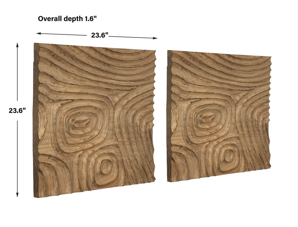 Two complementing wooden wall panels with Sand Maze-inspired carvings, crafted from solid pine with a natural finish to highlight unique grain patterns.