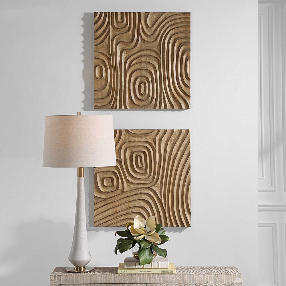 Two Sand Maze carved wooden panels with intricate 3D patterns, made of solid pine and finished in a natural tone.