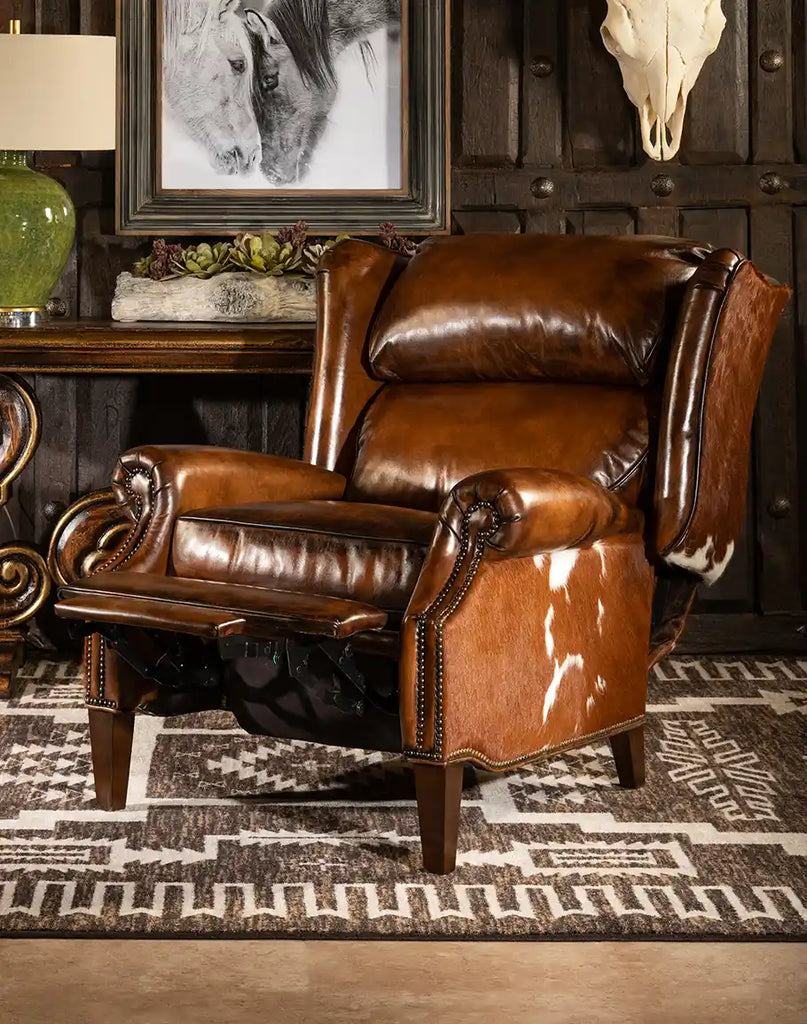 Full view of the Scottie Leather Recliner showcasing its timeless Western-style design, bustle back support, and artisan leather craftsmanship.