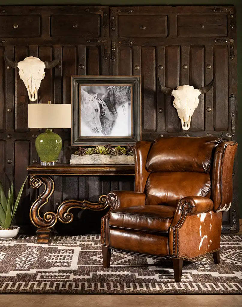 The Scottie Leather Recliner styled in a ranch-themed living room, blending seamlessly with rustic decor.