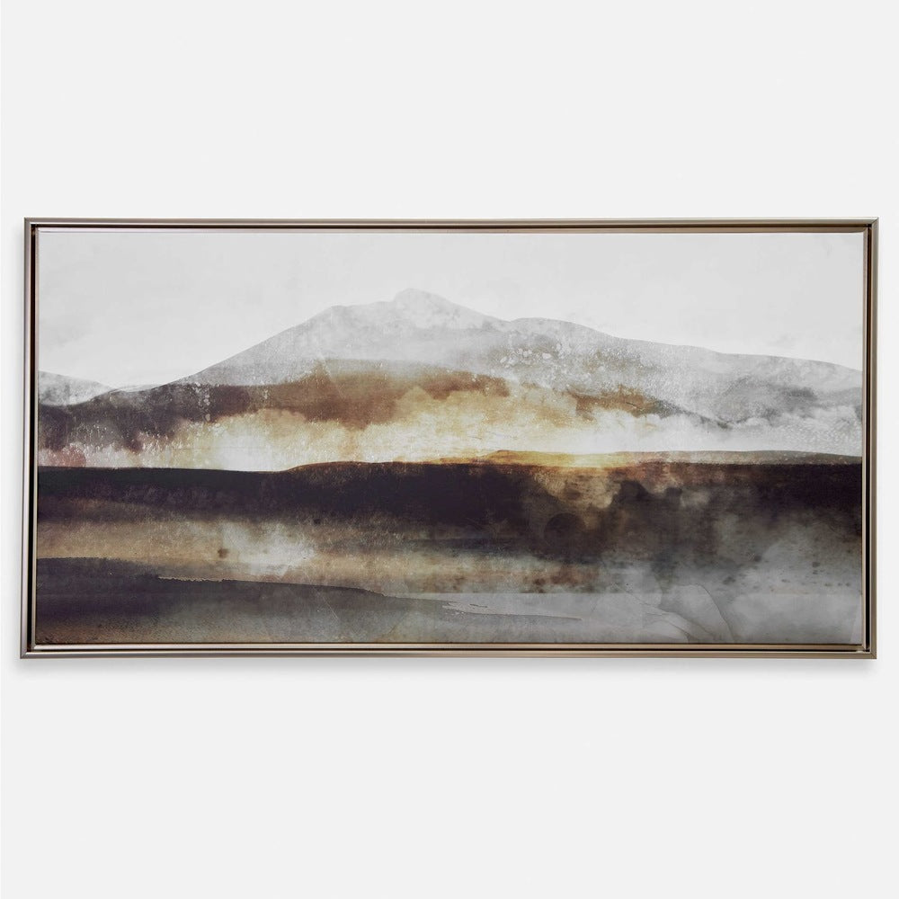 Serene mountain artwork framed in bronze gold, complementing elegant decor.