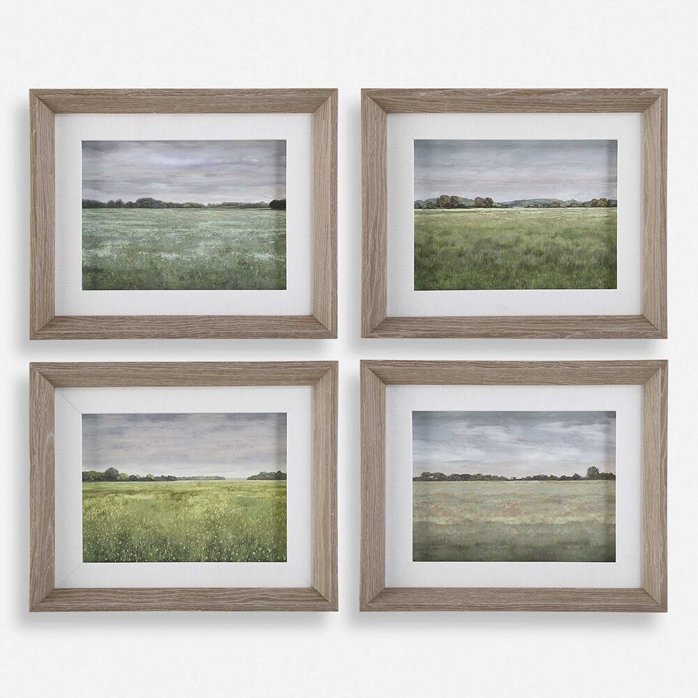 Artistic depiction of a field through four seasons, framed in natural materials for a timeless look.