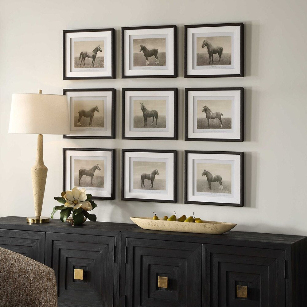 Antiqued horse art prints encased in beveled walnut frames with glass and crisp white linen liners, perfect for refined interiors.