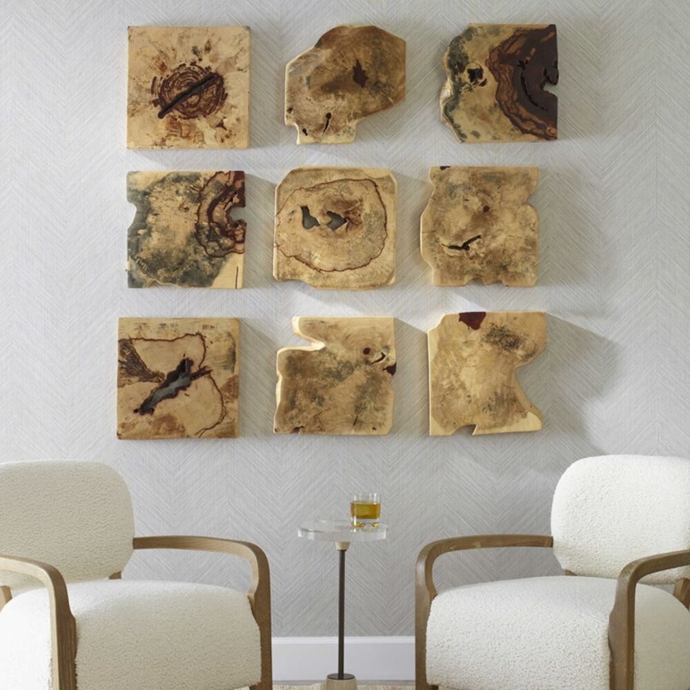 Set of 9 handcrafted tamarind wood wall pieces with a natural rustic finish.