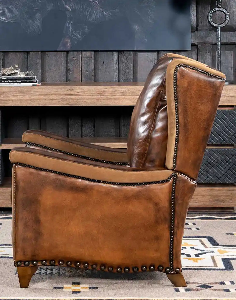 Side profile of the Vlad Brown Leather Recliner highlighting the sueded armrest panels and elegant craftsmanship.