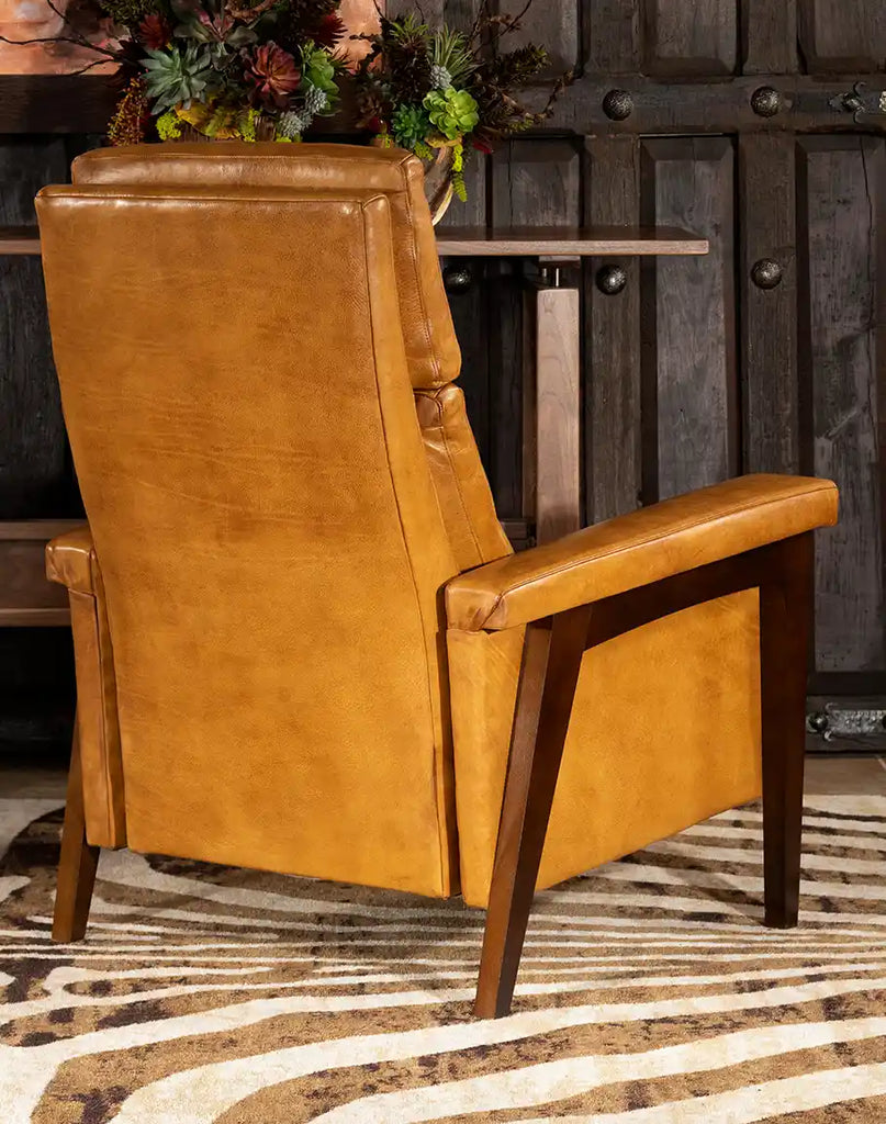 A rear view of the recliner, showing the high-quality full-grain leather and expert craftsmanship.