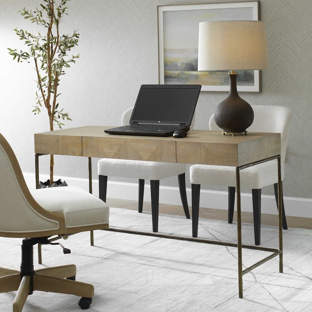 Sleek home office desk with natural primavera wood finish and sturdy gold cast iron legs.