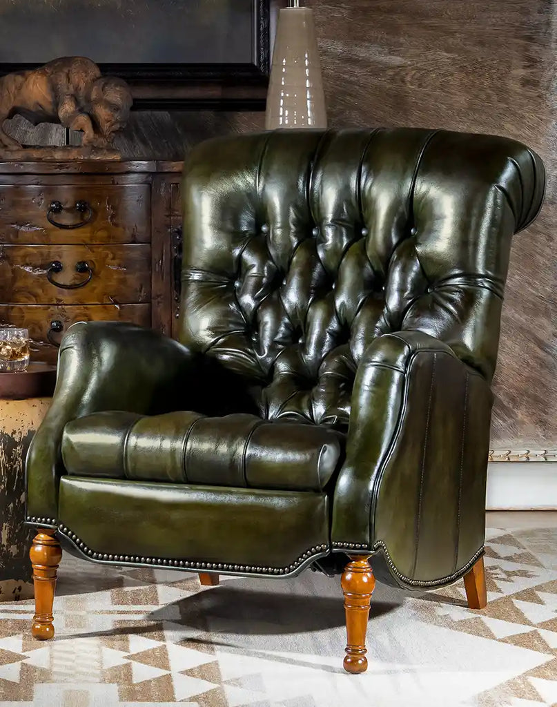 The Sleepers Haven Olive Recliner showcasing its rich olive-toned leather and inviting design.