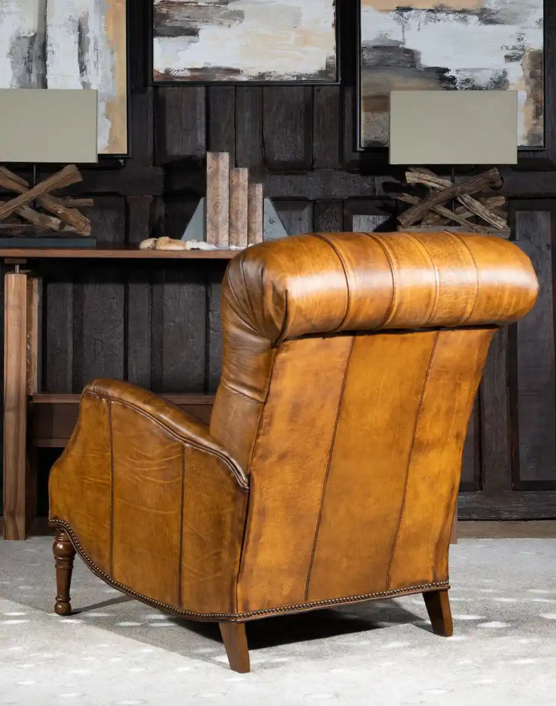 A rear view of the recliner, featuring smooth hand-burnished leather and impeccable American craftsmanship.