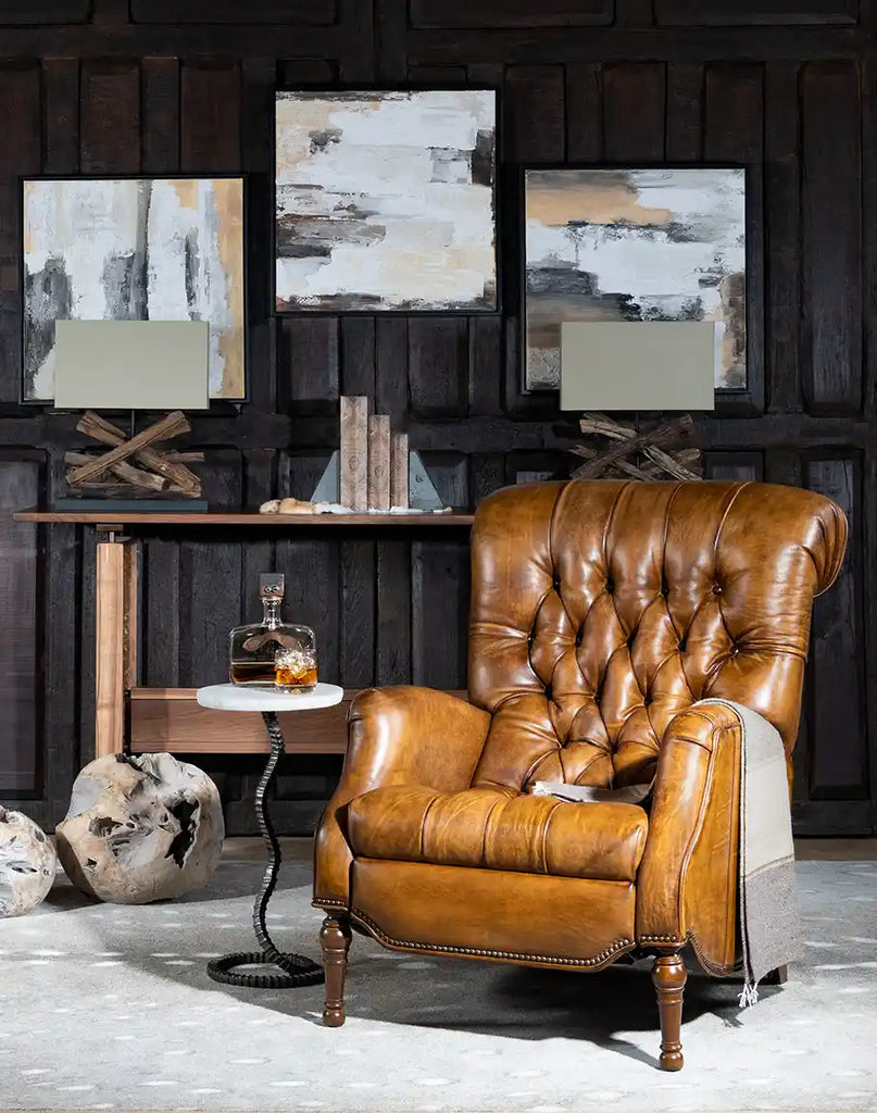 The chair placed in a warm, inviting living room setting, complementing rustic and western-inspired décor.