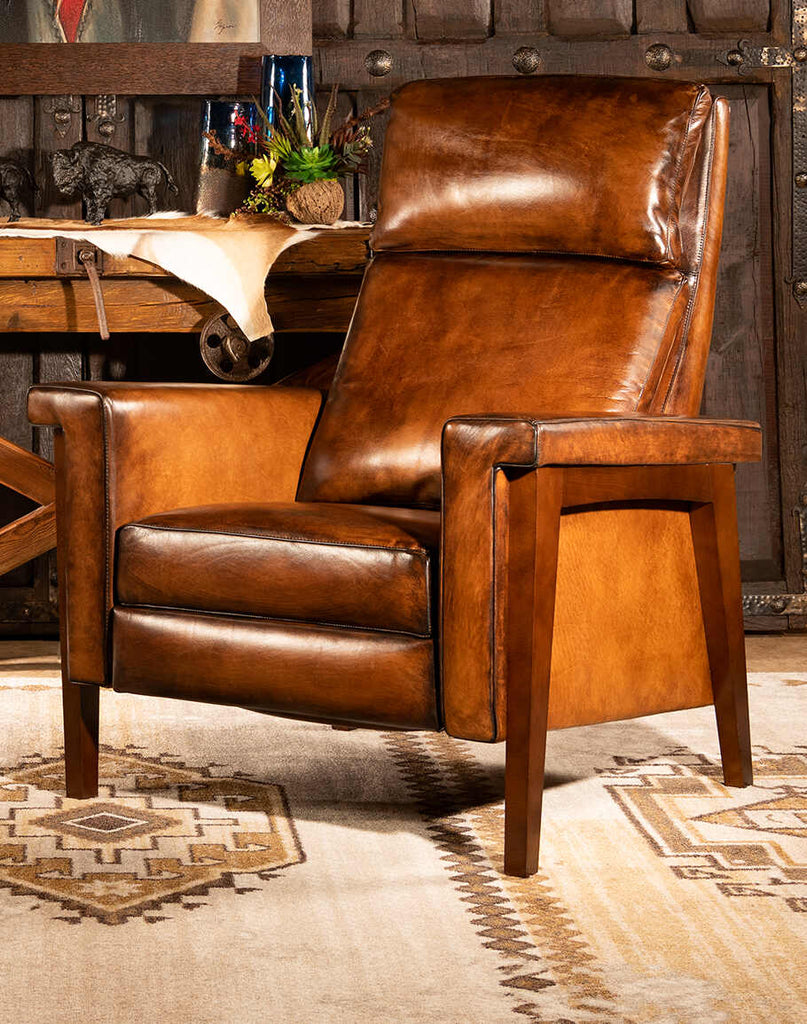 Snyder Mocha Leather Recliner showcasing its rich mocha leather upholstery, plush cushioning, and classic design.