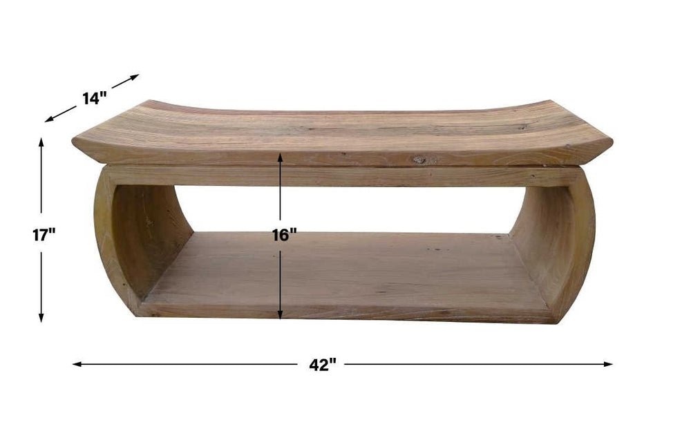 Reclaimed wooden bench with a sleek curved design, perfect as a rustic-modern statement piece.