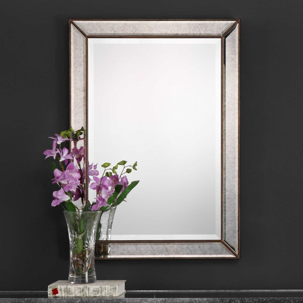 Stylish antique wall mirror with a unique Erised frame design and timeless bronze embellishments.