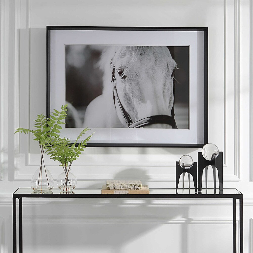 Elegant equine artwork in a sleek satin black frame.