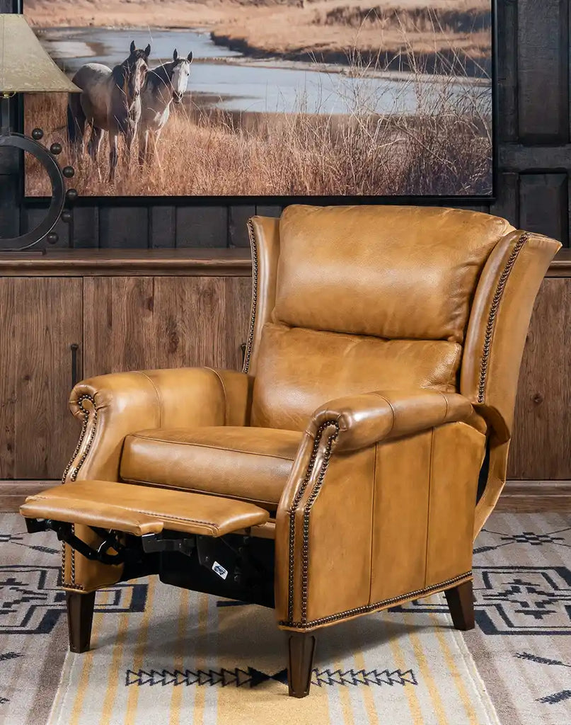 The St. Lauriat Recliner fully extended, highlighting its ergonomic comfort and premium leather upholstery.