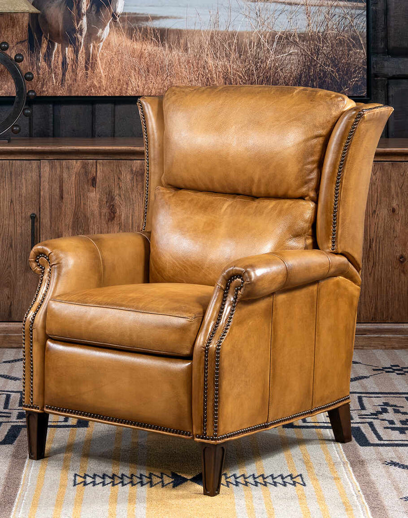 Front view of the St. Lauriat Leather Recliner showcasing its rich saddle leather and nailhead trim.