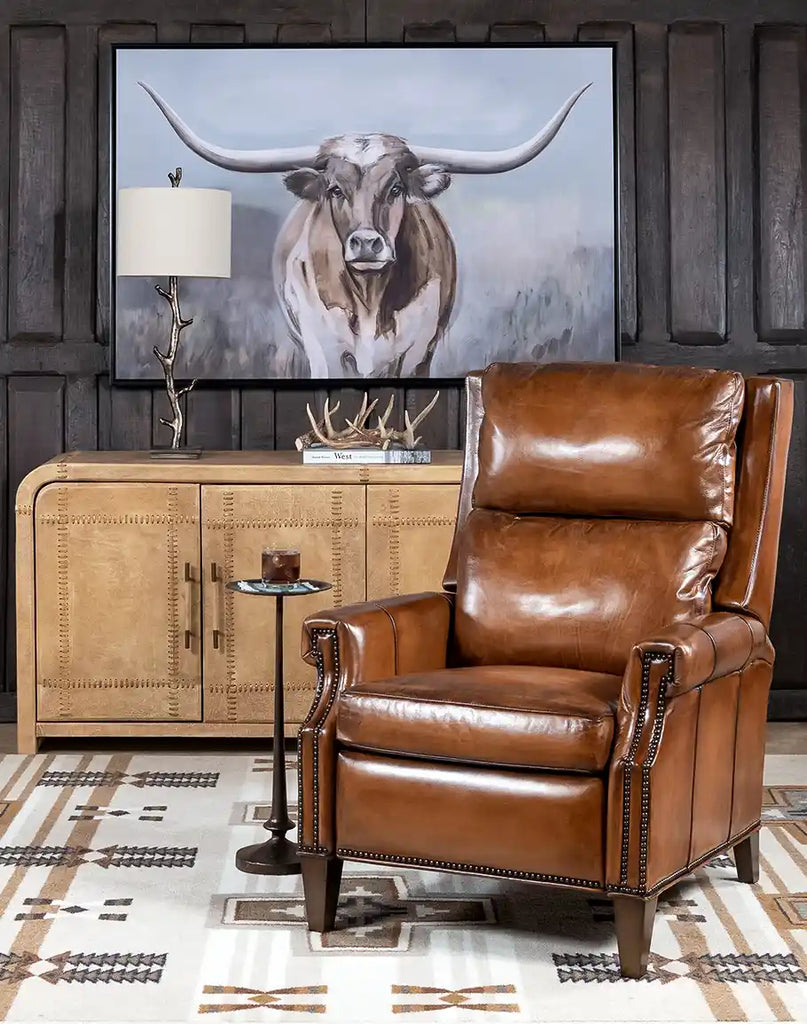 The Stanford Brown Leather Recliner styled in a rustic living room, complementing the space with its classic and luxurious design.