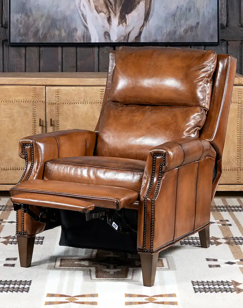 The Stanford Brown Leather Recliner shown in its fully reclined position, demonstrating its comfort and functionality.