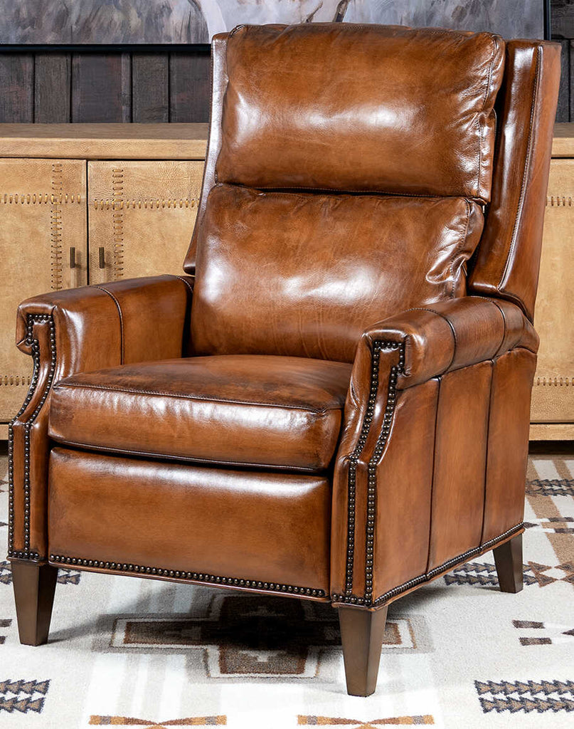 Stanford Brown Leather Recliner showcasing its opulent, full-grain leather upholstery and hand-burnished finishes.