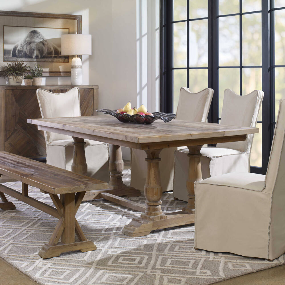 Handcrafted Stanford Dining Table with a rectangular top, stony gray wash, and distressed reclaimed wood texture.