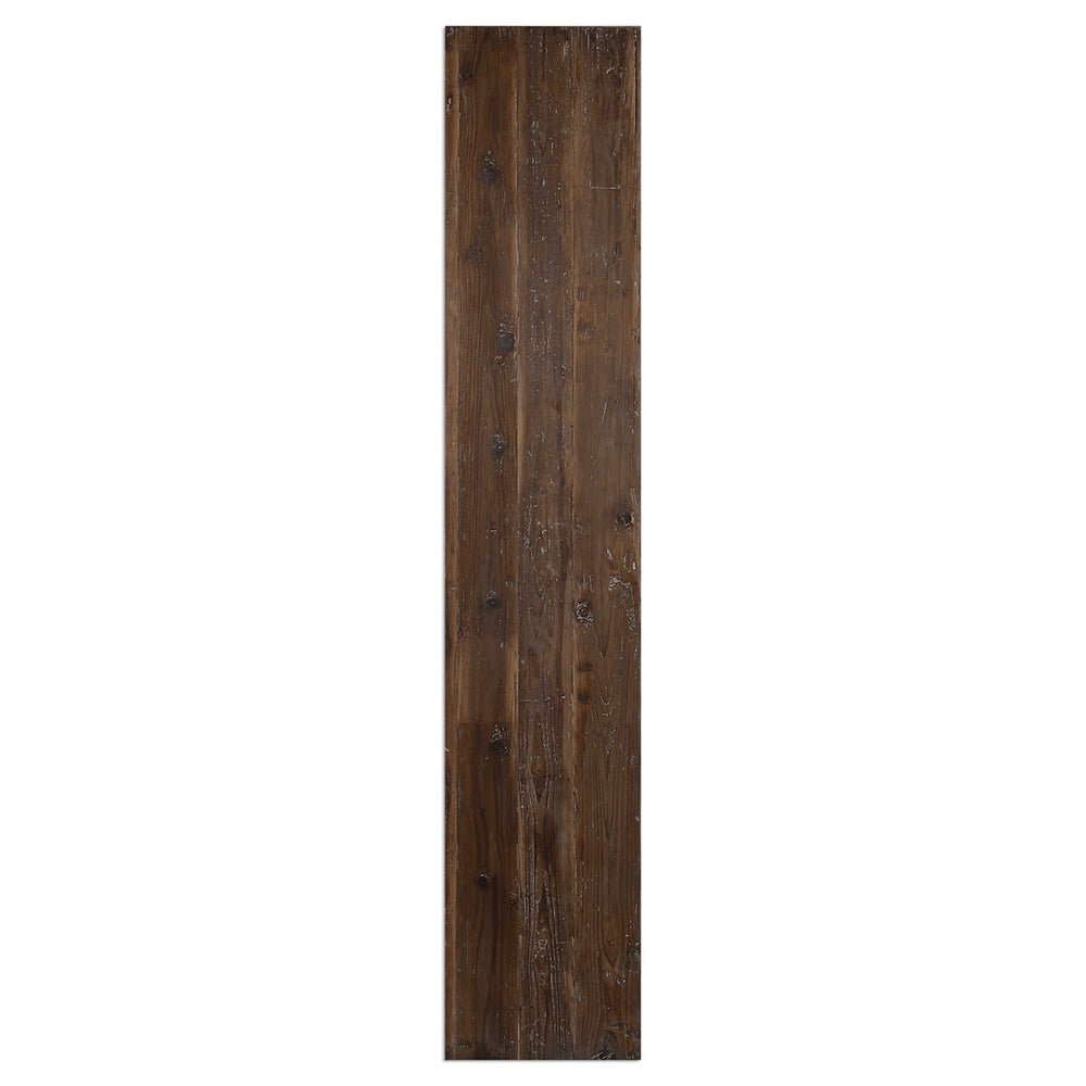 Recycled fir wood Stanford bench with a distressed finish and rustic trestle design, featuring natural imperfections.