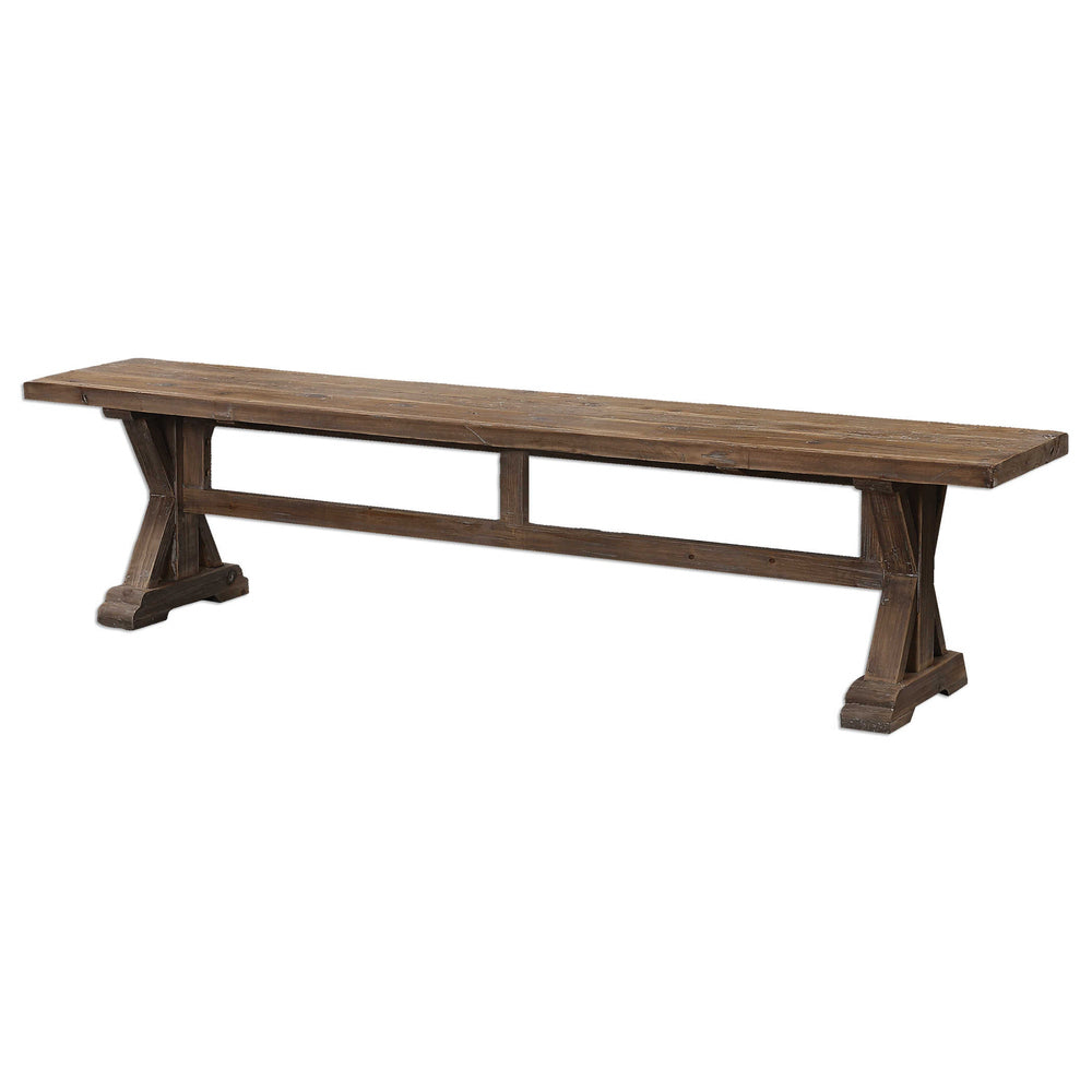 Stanford solid fir bench with a sun-faded gray wash and sturdy trestle base, perfect for entryways or dining areas.