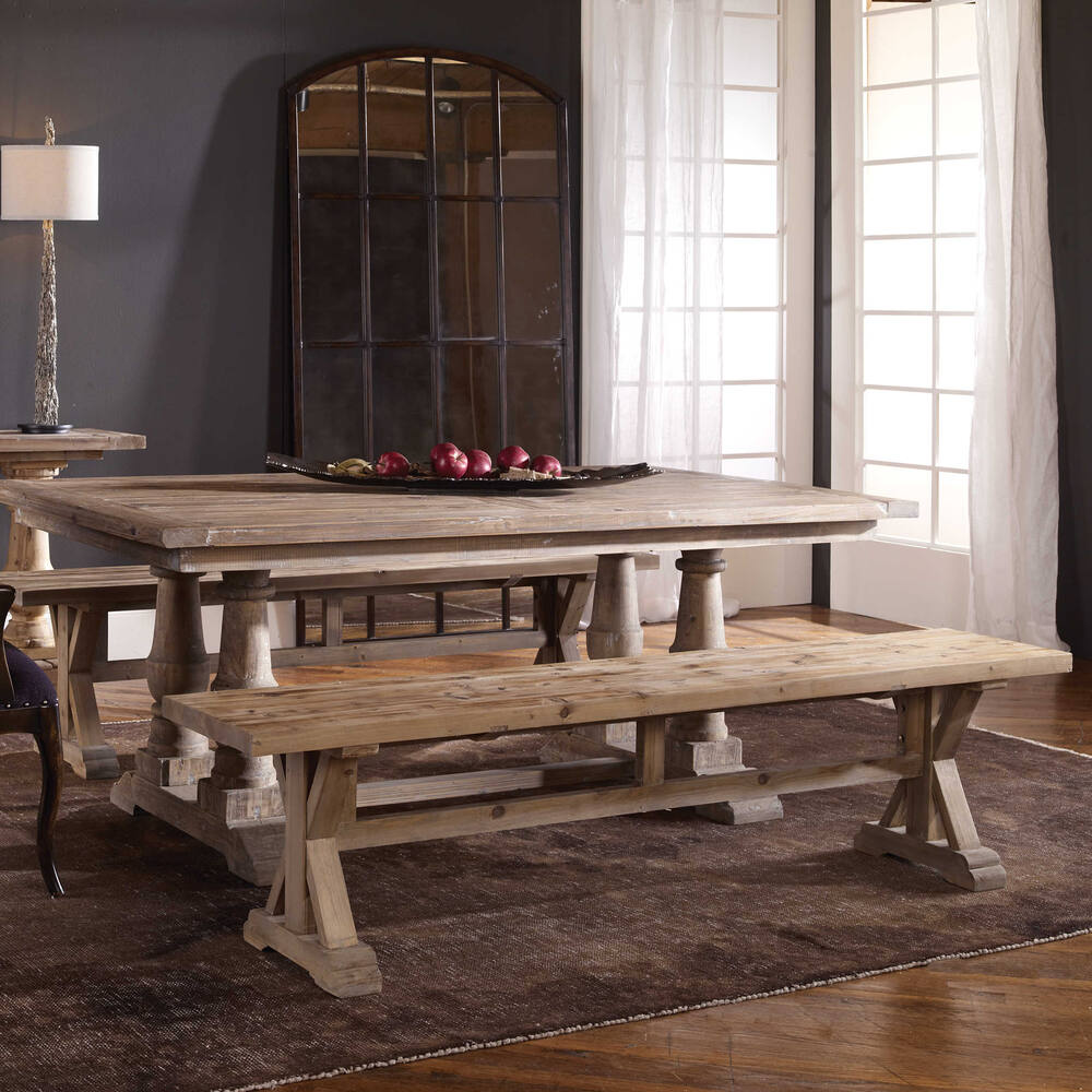 Stanford solid fir bench with trestle base and weathered gray wash finish, adding rustic charm to any room.