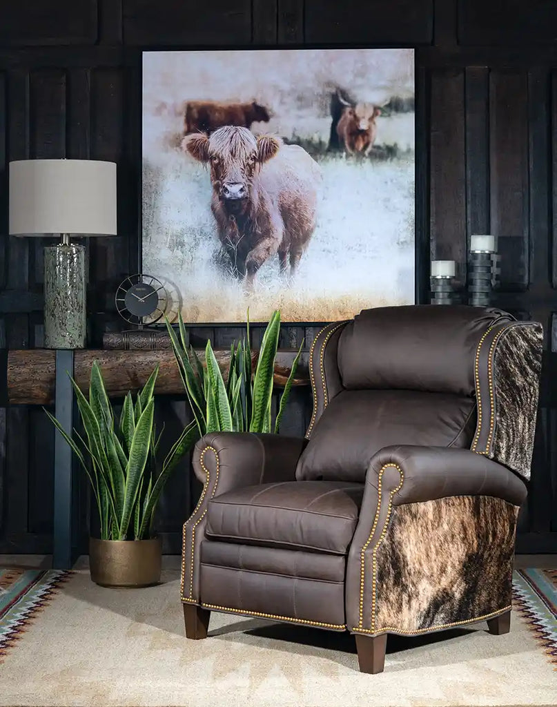 The Stanley Brindleback Recliner styled in a rustic living room with Western decor, providing a blend of luxury and charm.