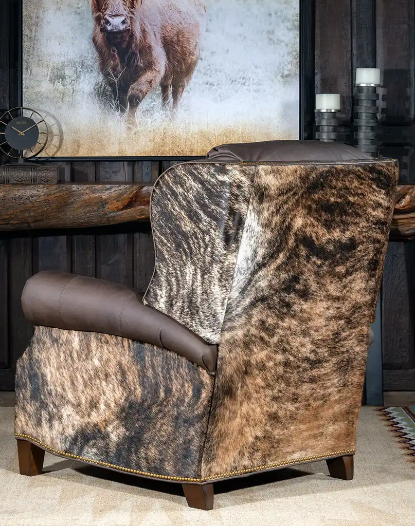 Back view of the Stanley Brindleback Recliner, showcasing the brindle cowhide outback and wingback-style frame.