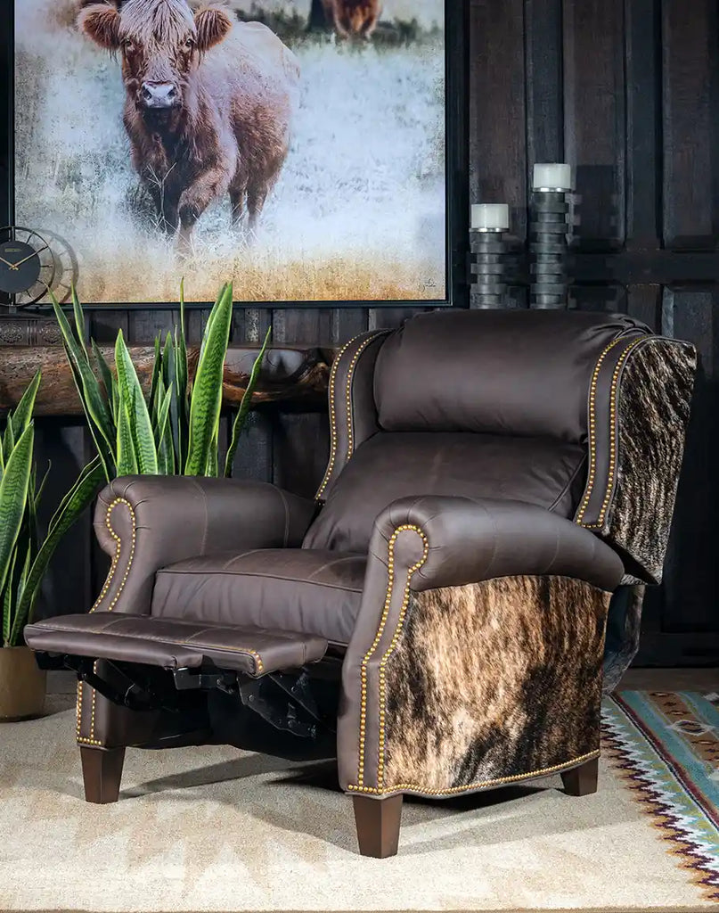 The Stanley Brindleback Recliner shown fully reclined, displaying its plush seat cushion and ergonomic design for optimal relaxation.