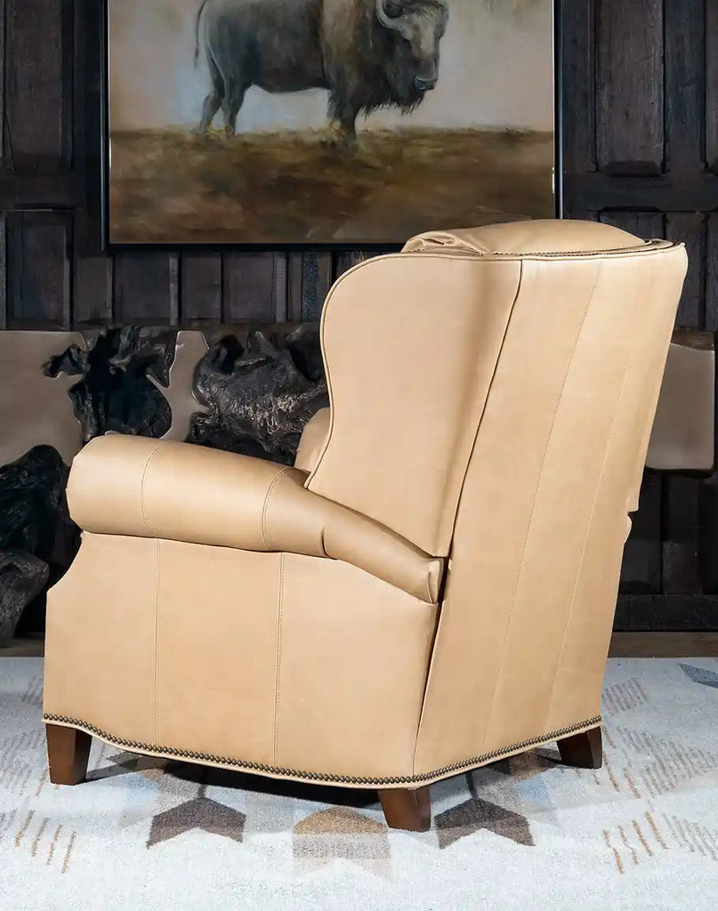 Back view of the Stanley Sandstone Recliner, showcasing its clean and polished design, crafted with top-grain leather.