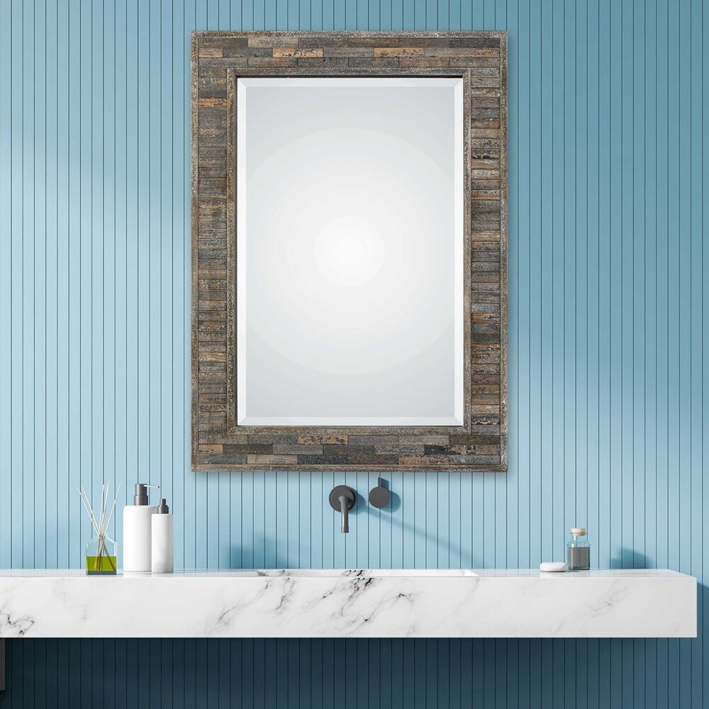 Rustic wall mirror featuring a frame made of weathered pine in earthy colors with a beveled center.