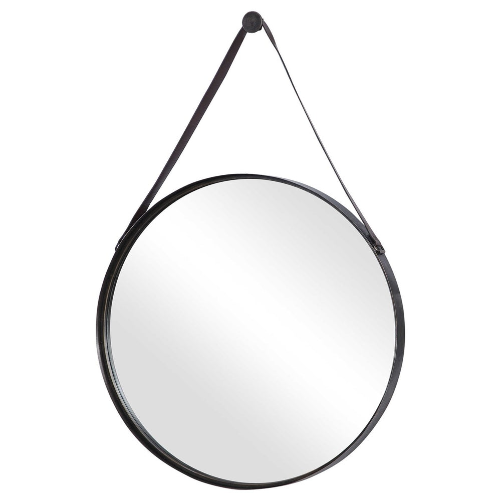 Stylish Nordic mirror featuring a 30" circular frame, durable faux leather straps, and a charming bronze finish.