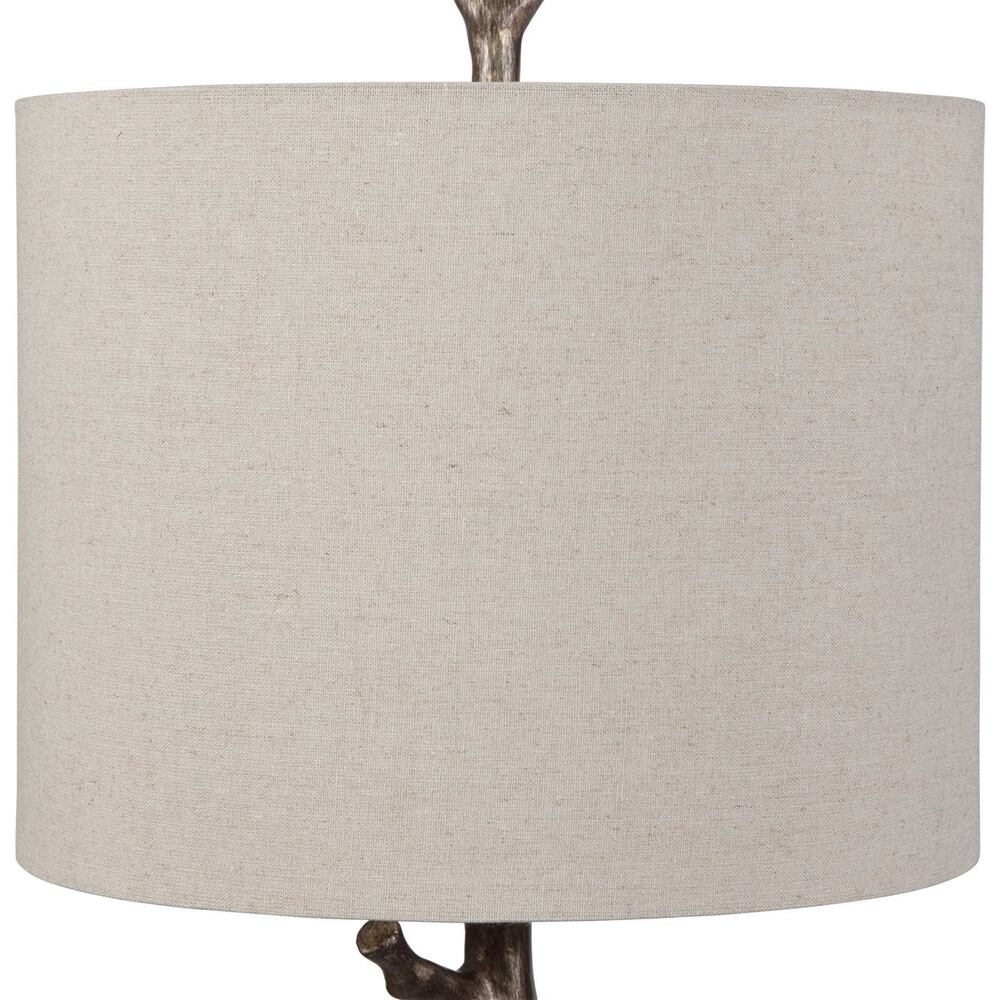 Sophisticated Surculus Lamp with gold-accented dark bronze base and natural-textured linen shade.