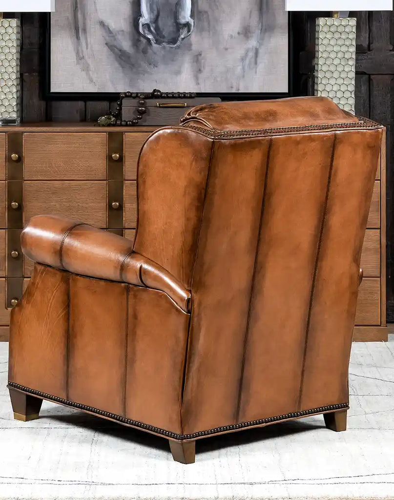 Back view of the Tan Bronco Leather Recliner featuring its hand-finished leather and classic craftsmanship.