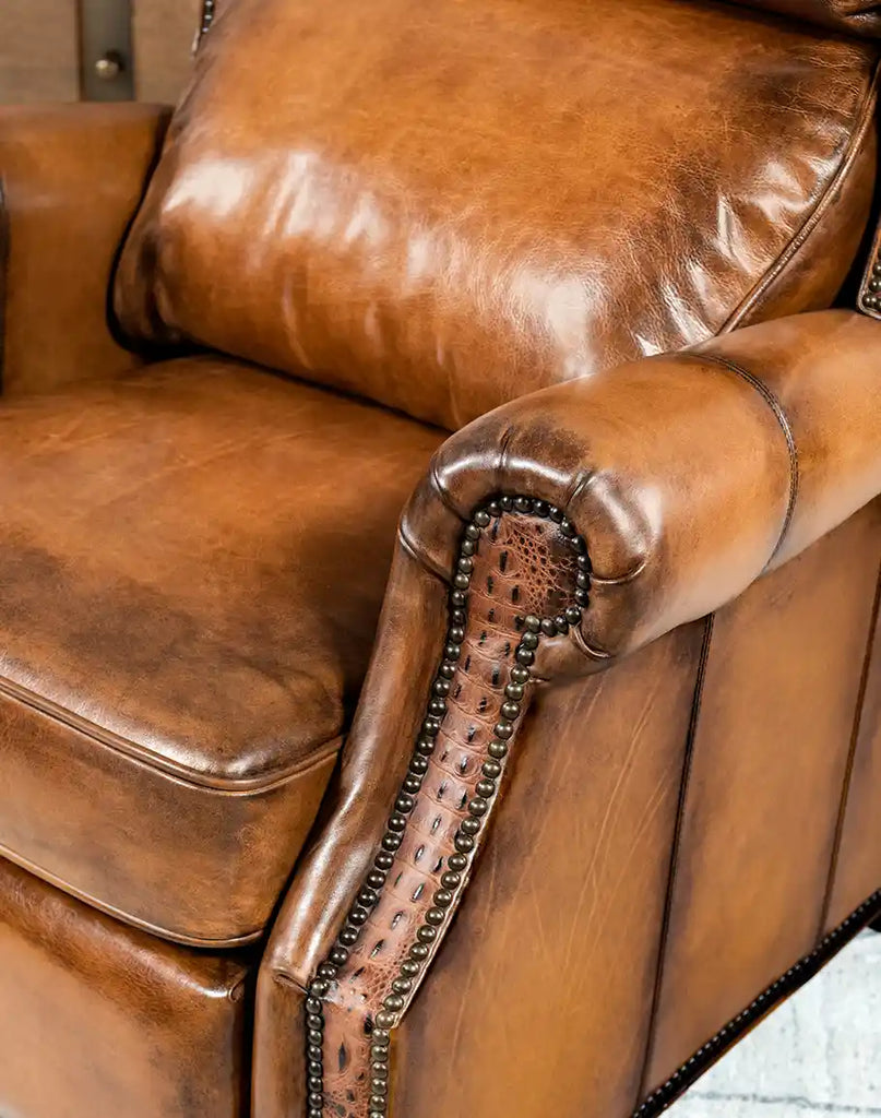 Detailed view of the bustle back on the Tan Bronco Leather Recliner providing superior head and neck support.