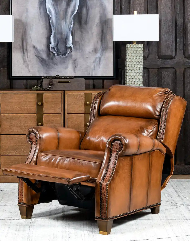 The Tan Bronco Leather Recliner in a fully reclined position, showing its comfort and functionality.