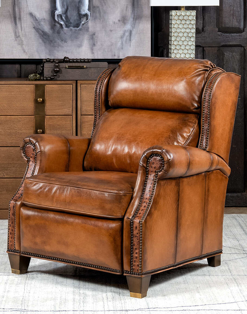 Front view of the Tan Bronco Leather Recliner showcasing its premium artisan leather and timeless Western design.