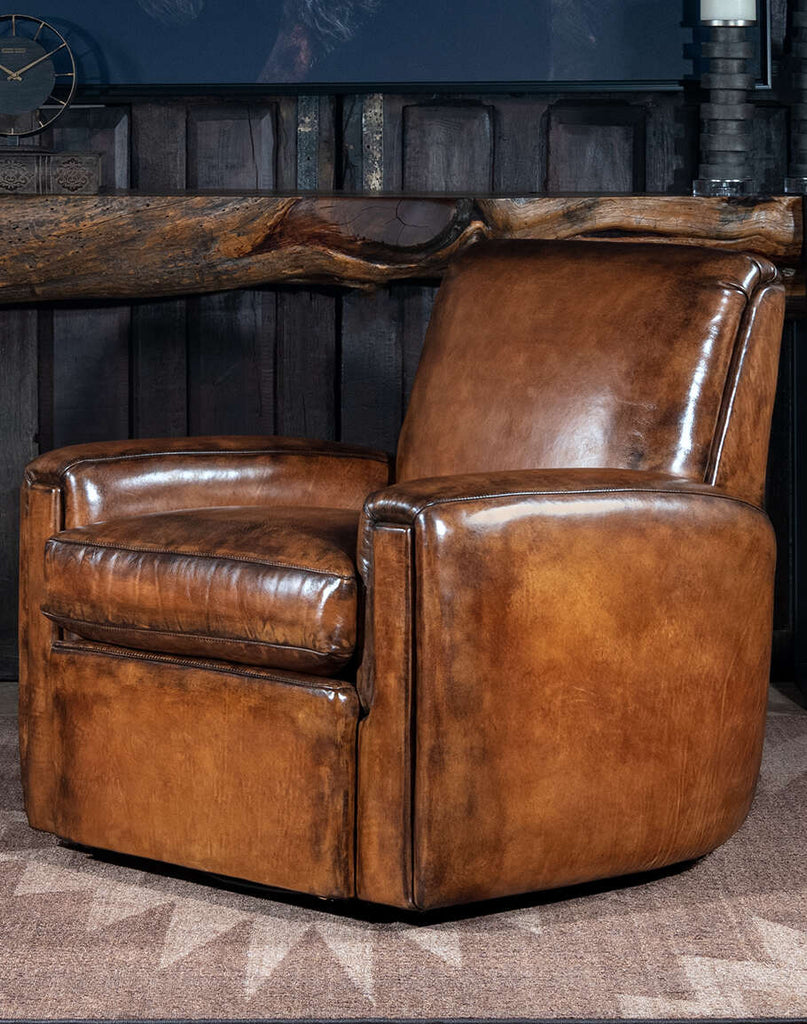 Tavern Leather Swivel Chair showcasing its tufted back design and luxurious full-grain leather.