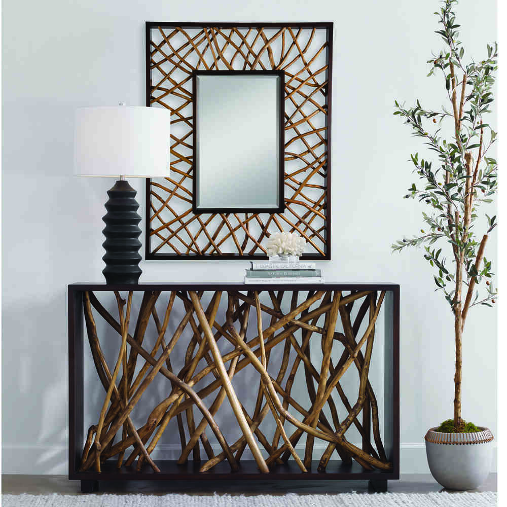 Teak woven rectangle mirror with natural wood branches and beveled glass