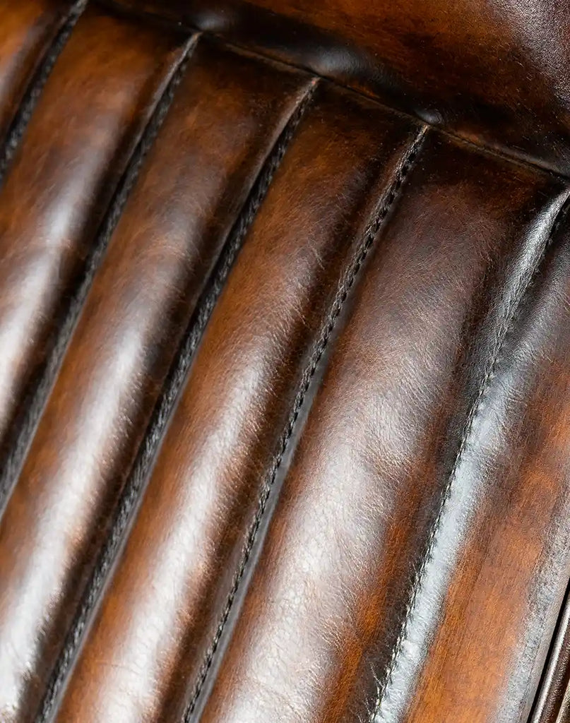 Detailed view of the hand-stitched channels on the Tennessee Leather Recliner, adding a touch of refinement.