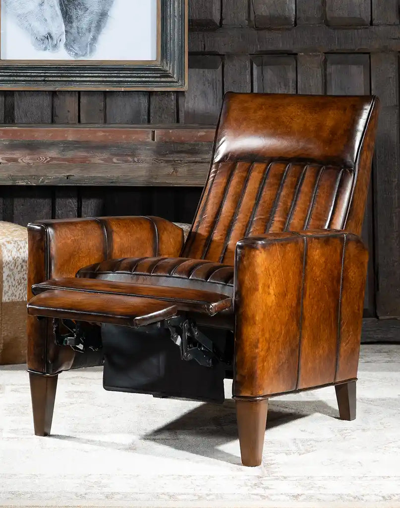 The Tennessee Leather Recliner in a fully reclined position, offering maximum comfort and relaxation.