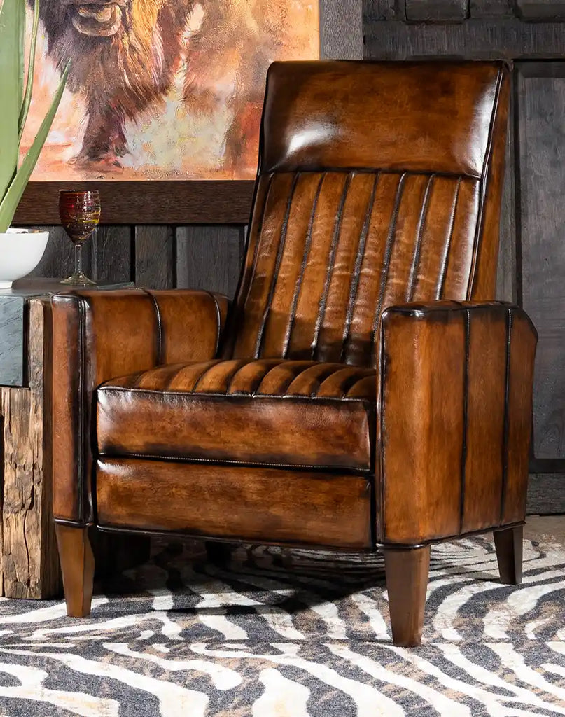 Side view of the Tennessee Leather Recliner highlighting its straight armrests and hand-stitched channels.