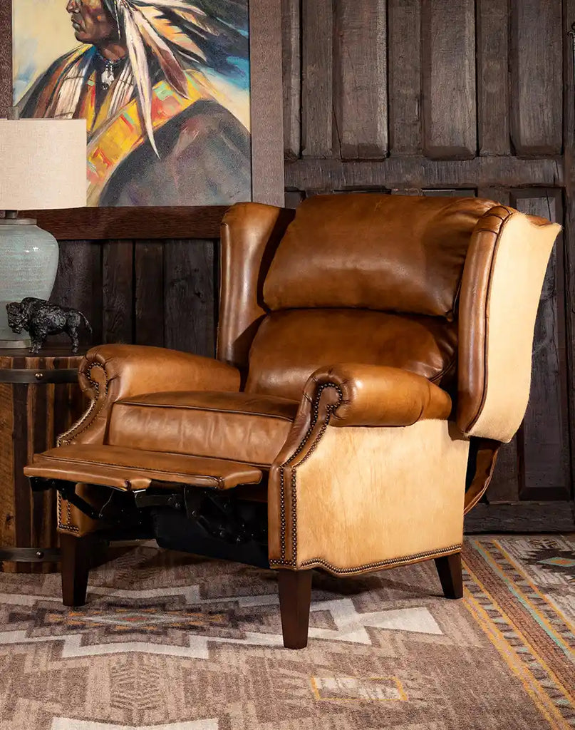 Texas Sadler Leather Recliner in its fully reclined position, emphasizing the spacious seating and exceptional comfort.