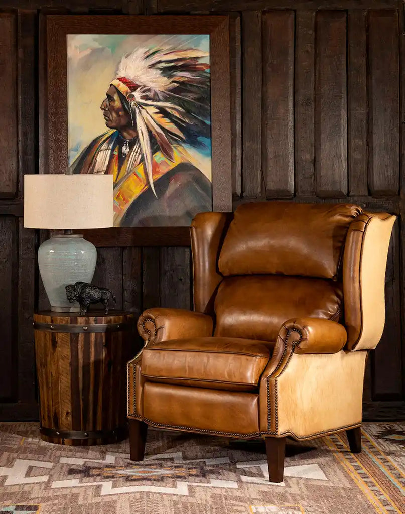 Texas Sadler Leather Recliner placed in a rustic living room setting, showcasing its timeless elegance and cozy appeal.