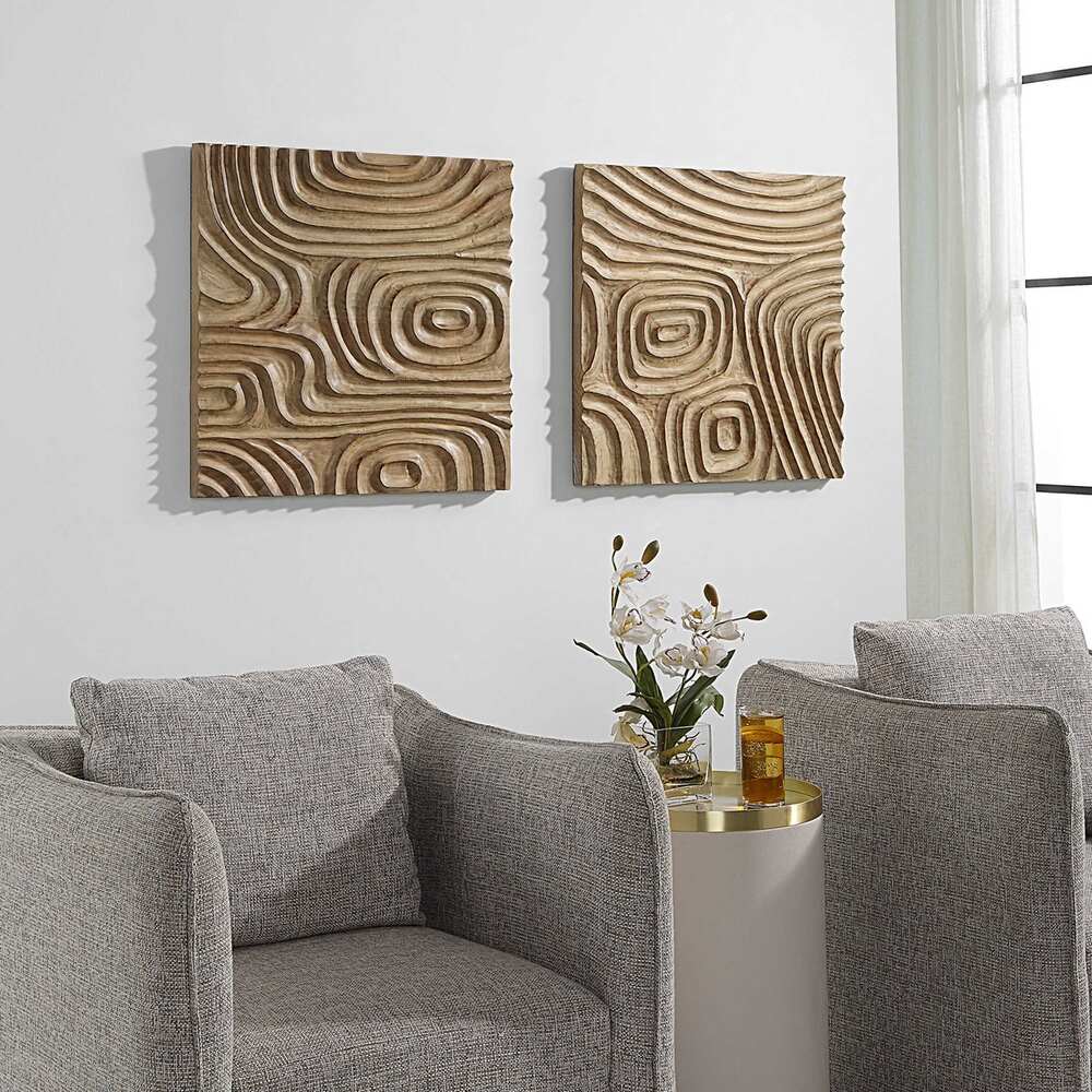 Decorative wooden wall art featuring 3D carved Sand Maze patterns in a natural pine finish, sold as a set of two.