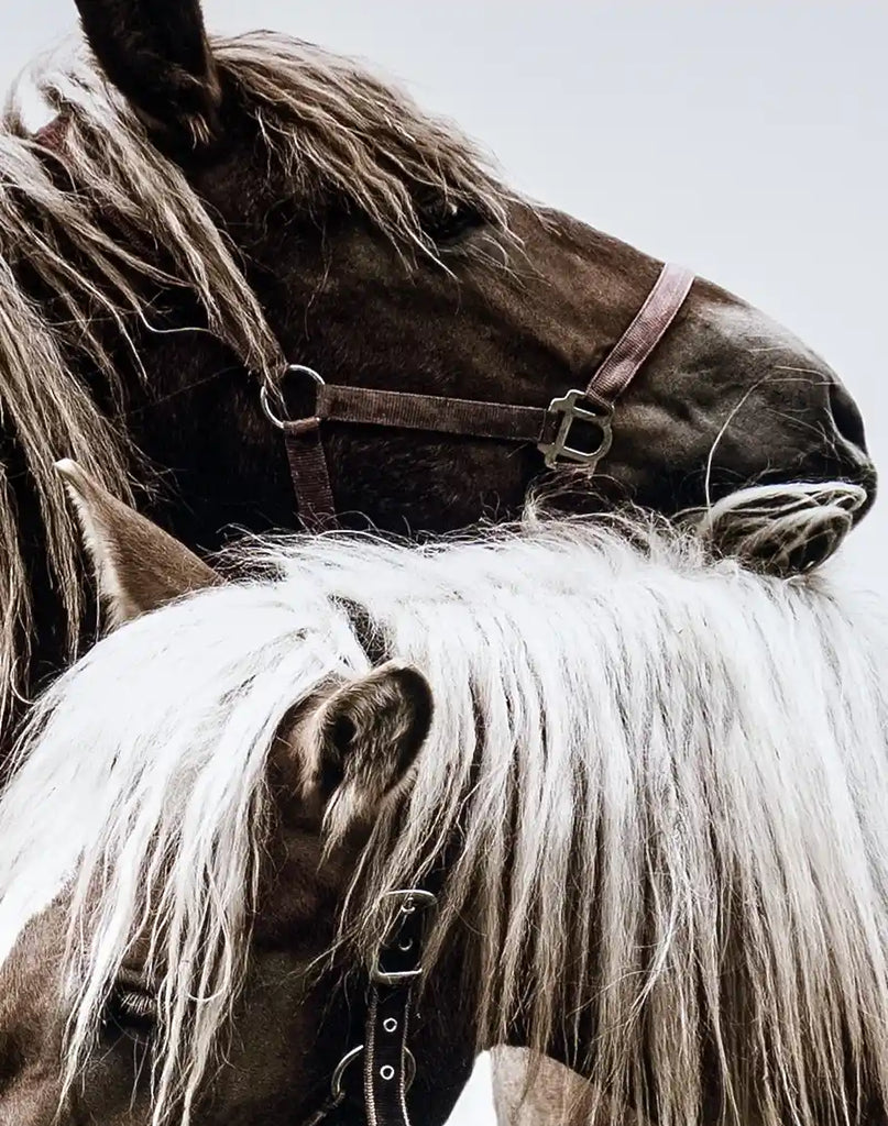 A close-up view of the horses in "The Tenderhearted," showcasing their exquisite detailing, bridles, and the blend of realism and impressionism.