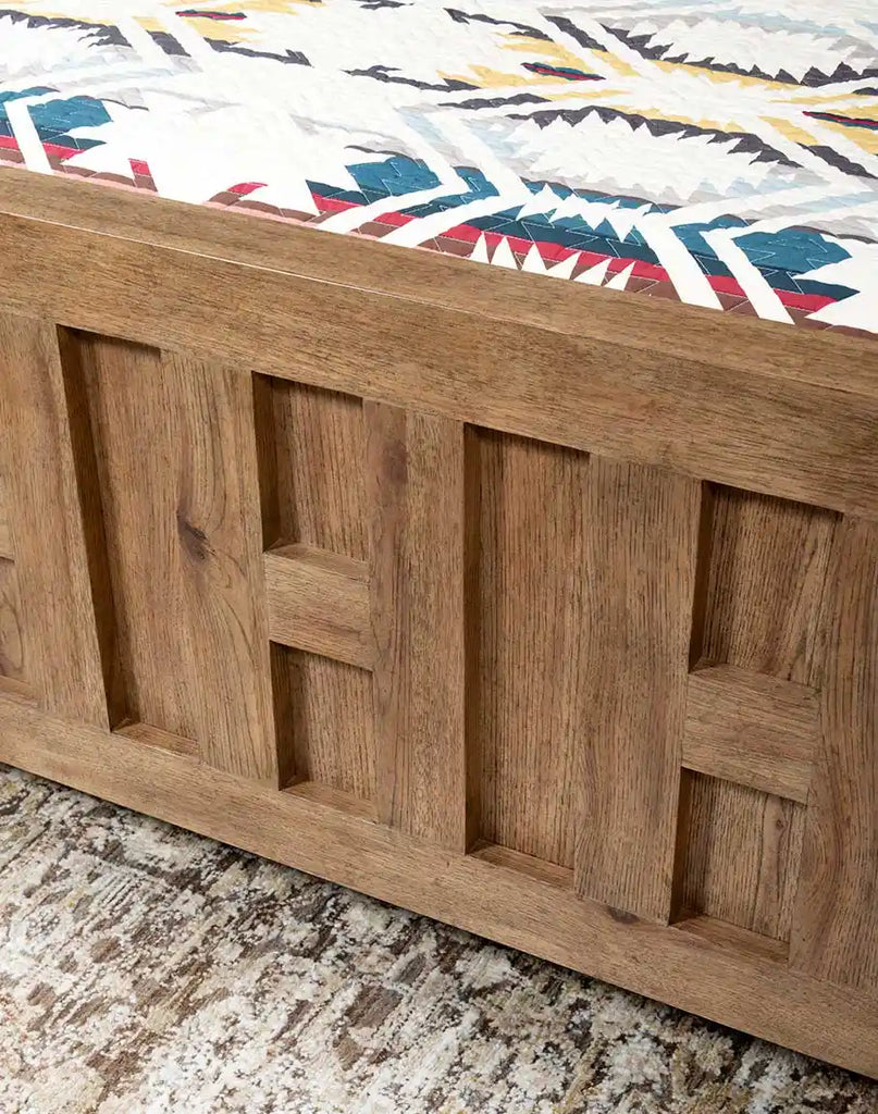 Close-up of the solid wood frame of the Tiara Sand Wooden Bed, emphasizing its durable construction and natural wood grain.