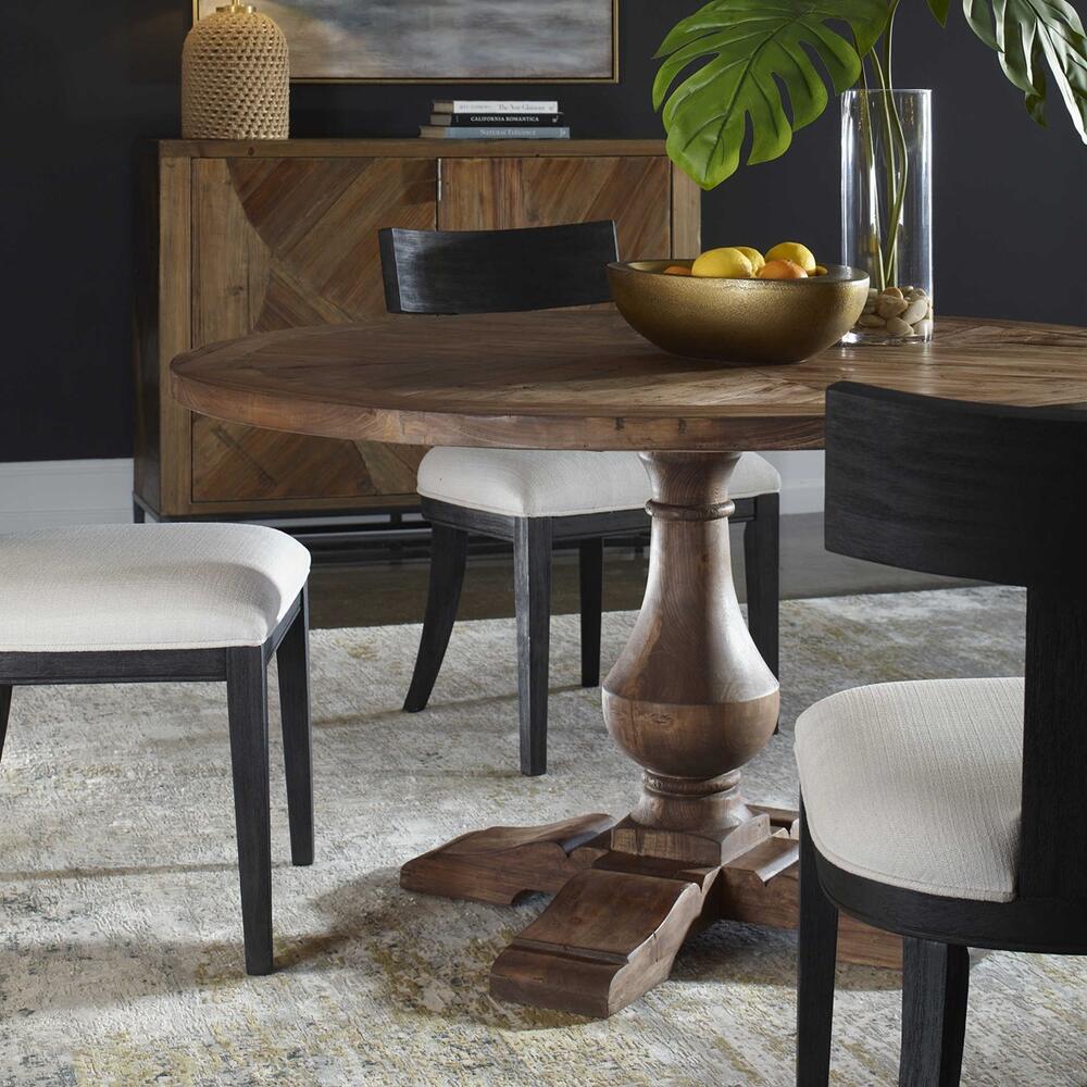 Traditional pedestal dining table made from reclaimed wood, featuring a stony gray wash that highlights the natural grain and imperfections.