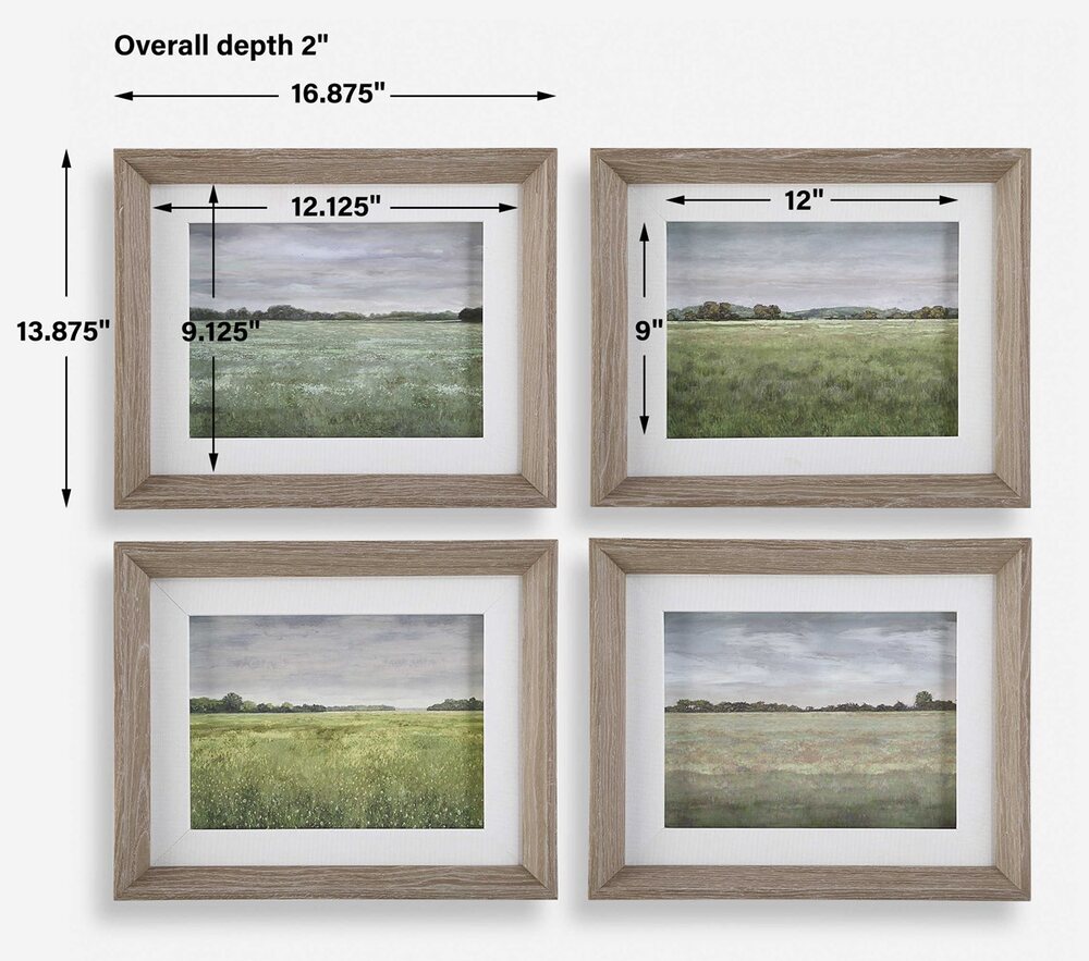 Paul Duncan's tranquil field artwork, showcasing seasonal changes in a rustic whitewashed frame with linen accents.